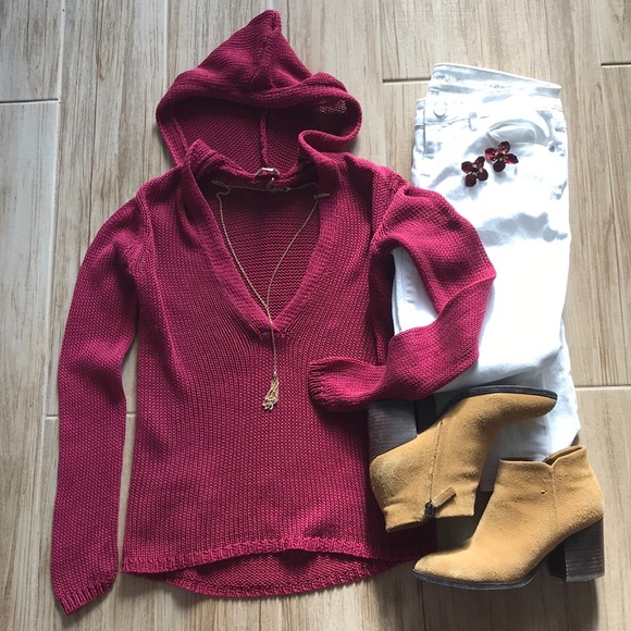J. Jill Sweaters - J. Jill cranberry hooded v-neck sweater Size S EUC